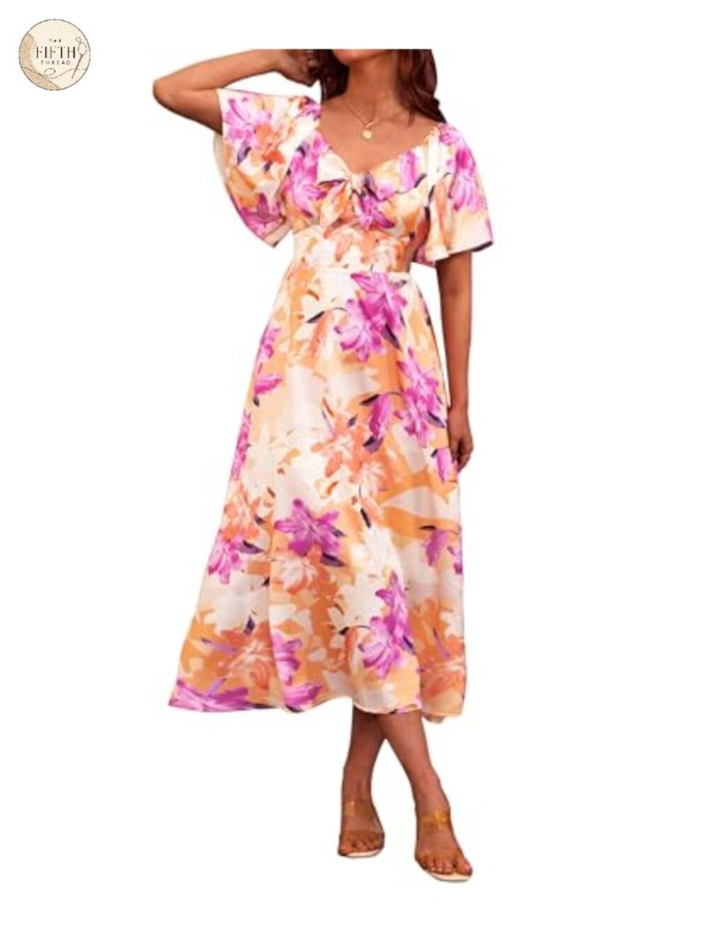 Satin Floral Maxi Dress Tie Front Cap Sleeve V-Neck Formal